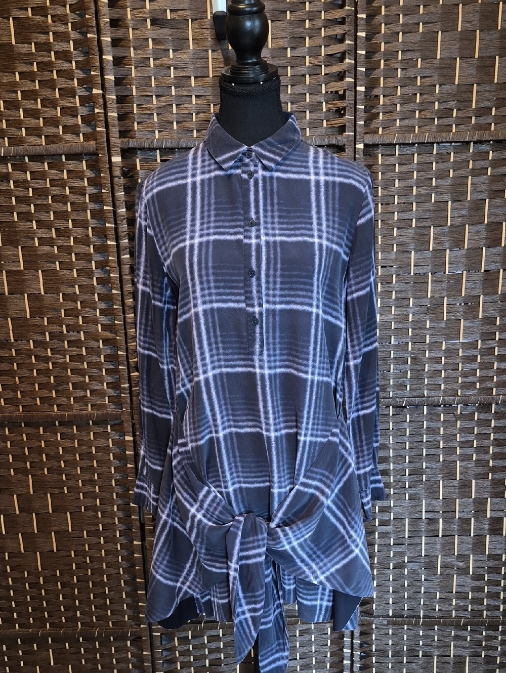 Club Monaco Navy and White Plaid Button-Front Midi Dress